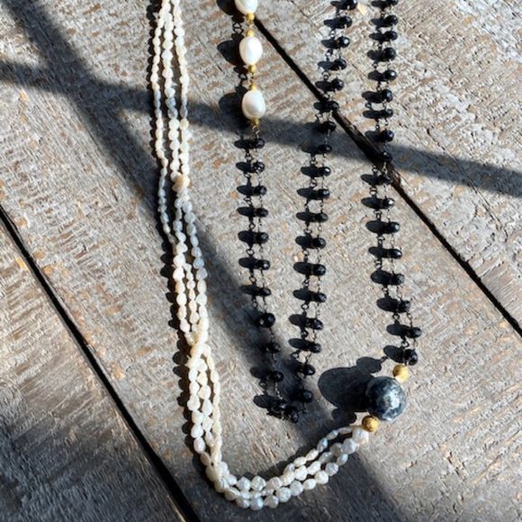 14Kt Gold, Pearl and Black Spinel Necklace
